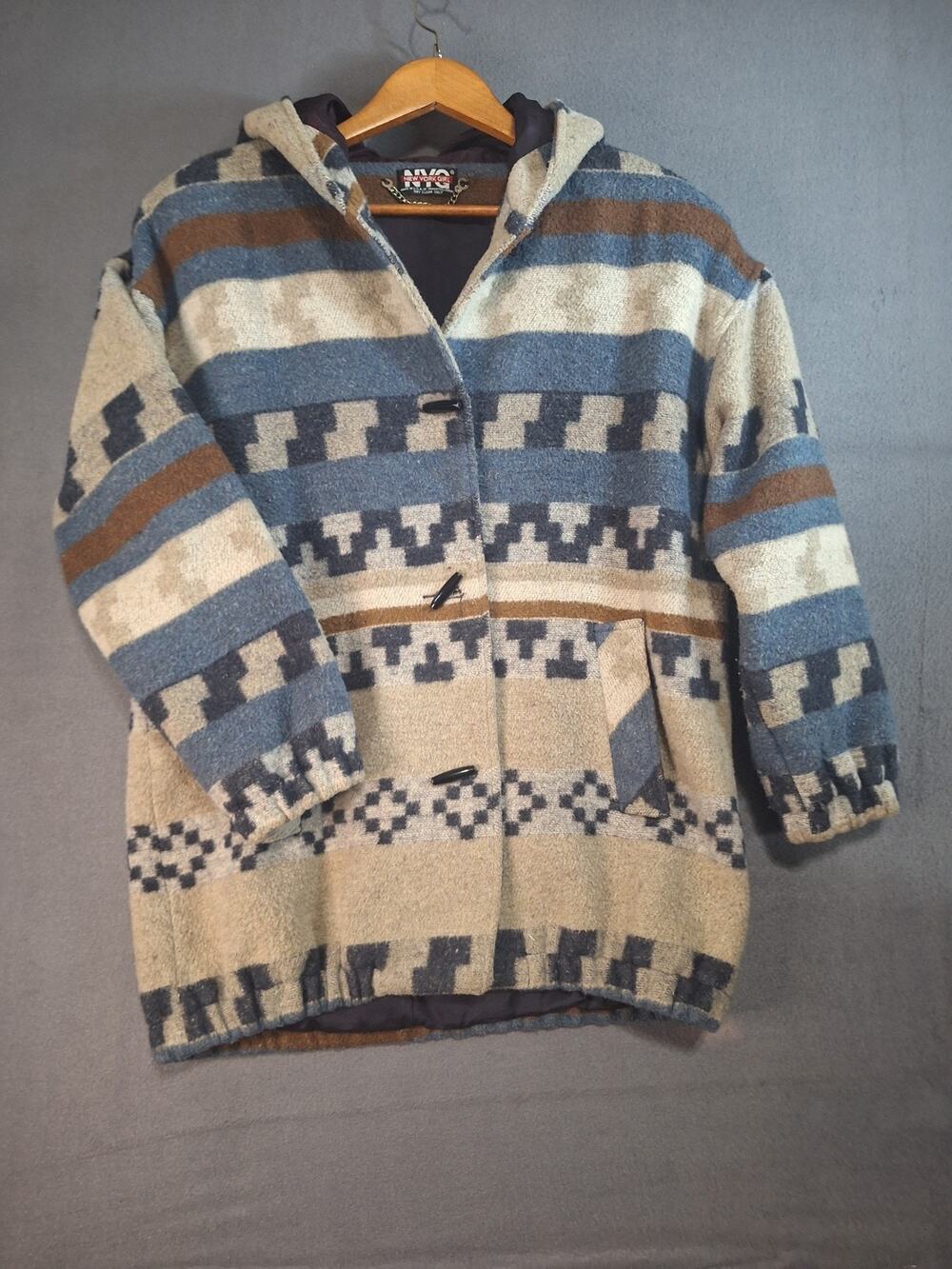New York Girl Jacket Womens Beige/Blue Size 12 Southwestern Aztec Hooded Wool